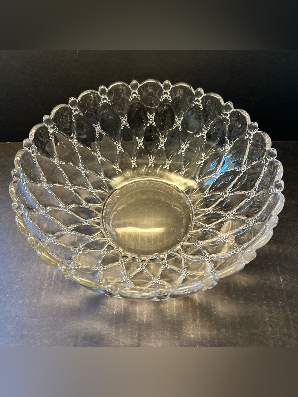 Vintage Heisey Wampum 10” Pressed Glass Salad Bowl Manganese UV Green Glow